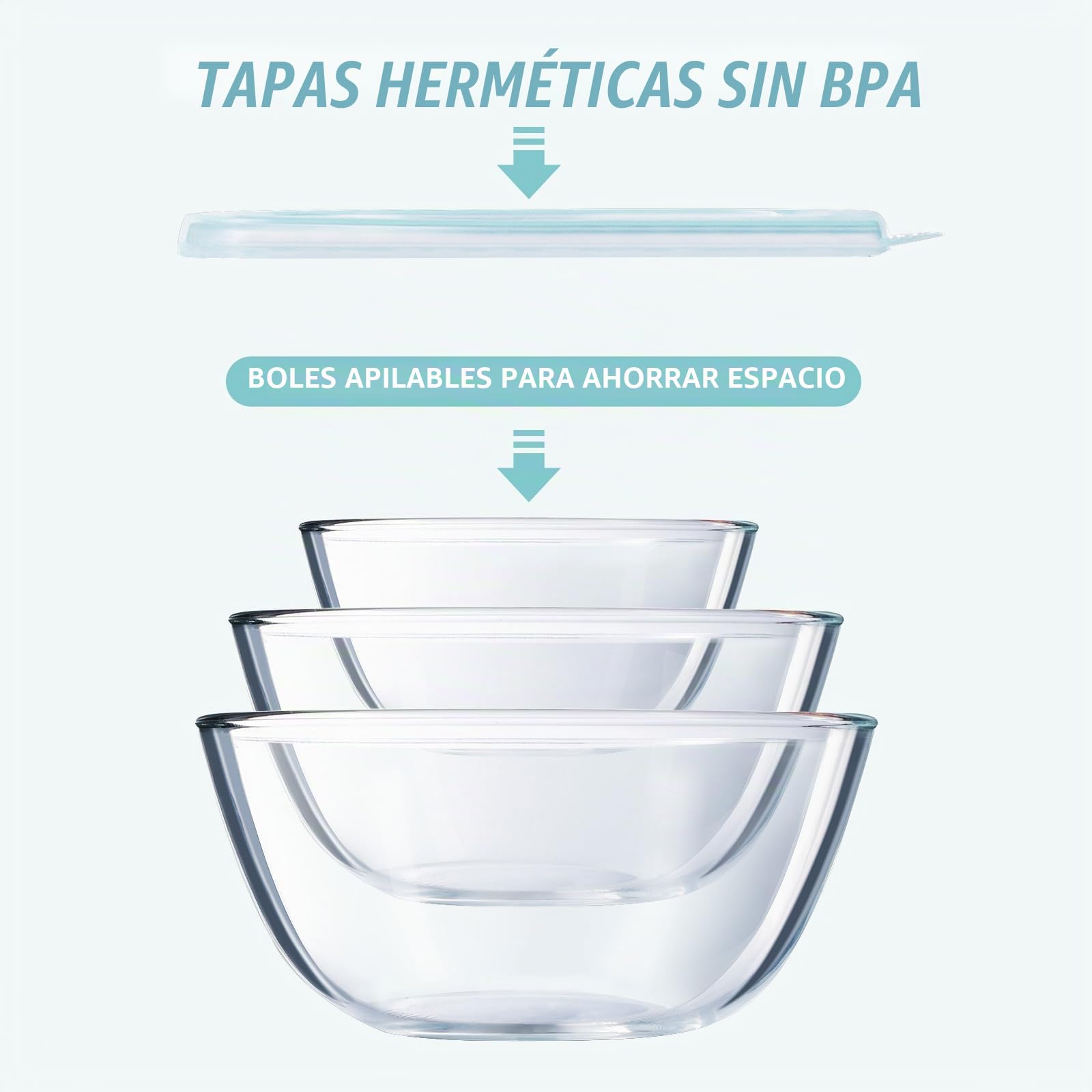 Luvan Juego de 3 Cuencos de Vidrio para Mezclar con Tapa (4.2L, 2.5L,1L),Ensaladeras Redondas Grandes para Cocina, Ideal para Almacenar Alimentos, Cocinar, Hornear, Preparar, Apto para Lavavajillas