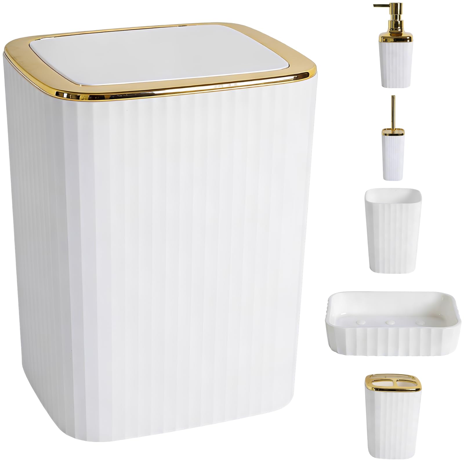 Juego de accesorios de baño de 6 piezas blanco y oro con dispensador y papelera