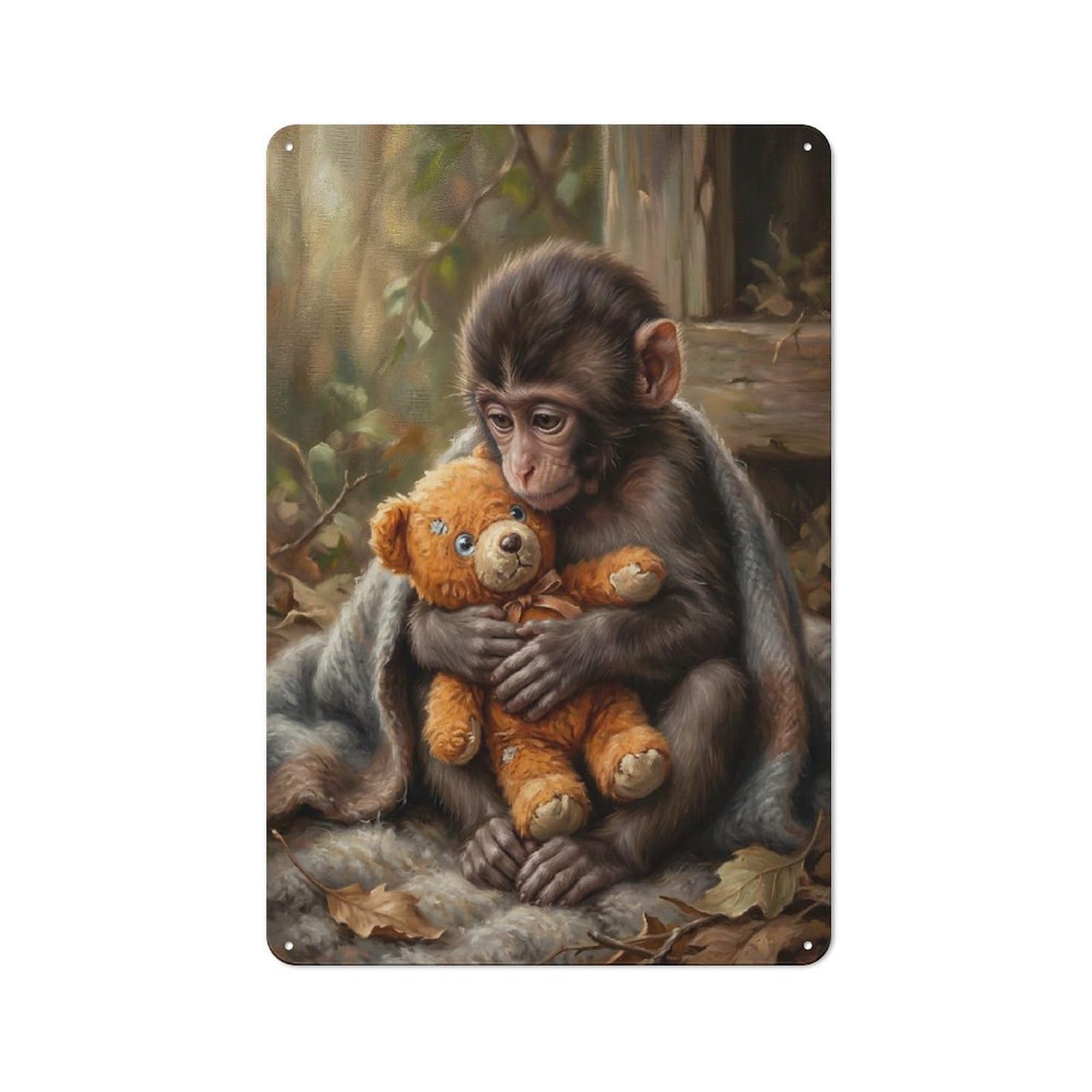 Junmoney Style-15 Sad Monkey Hugging Teddy Bear Metal Wall Plaque 30X20cm, Vintage Nostalgic Wall Art For Bedroom, Office, Home Bar Or Dining Room