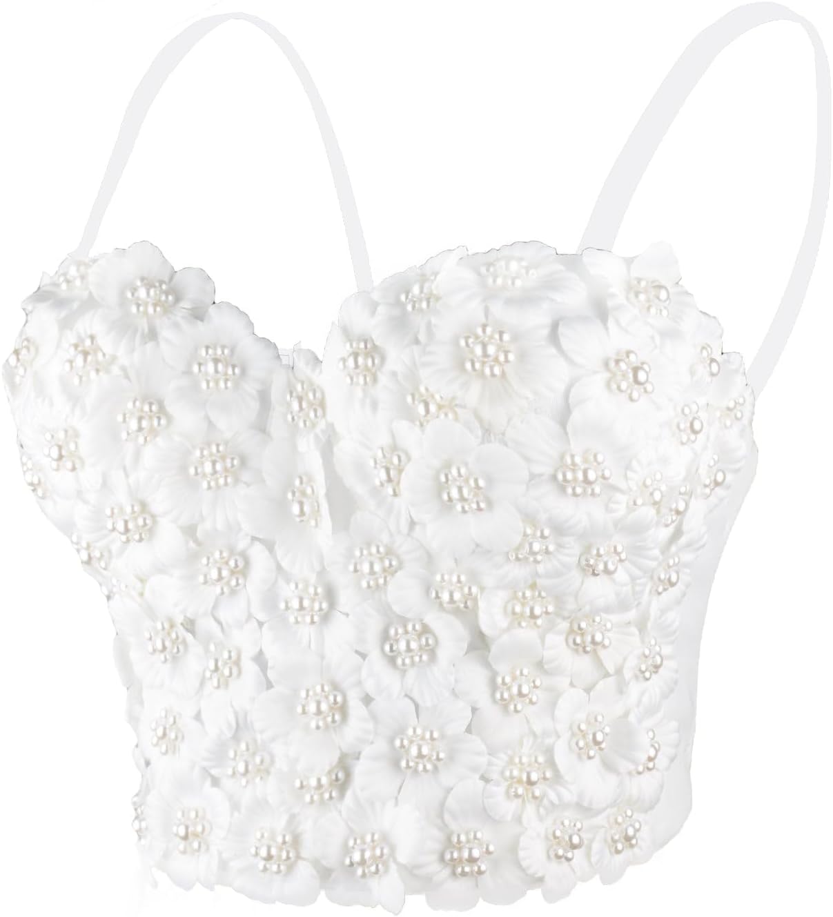 Women's 3D Floral Pearl Bustier Crop Top Party Club Bra Tops White