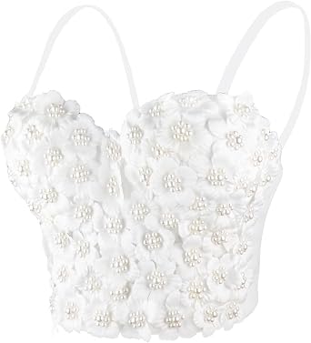 ELLACCI Womens 3D Floral Pearl Bustier Crop Top Party Club Bra Tops White