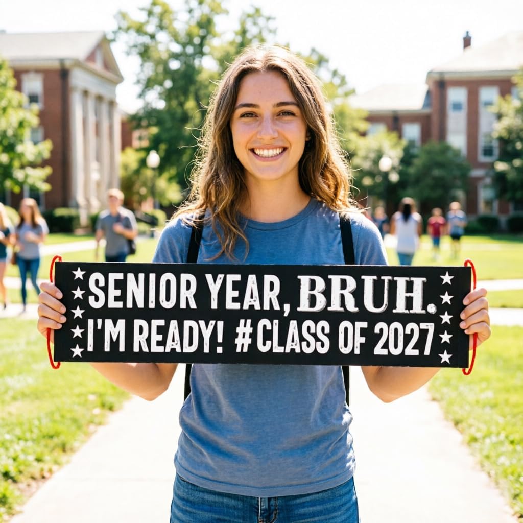 Senior Back to School Supplies Class of 2027, First Day of Senior 12th Grade Hand Photo Sign Banner, Bruh, I AM Ready, Last 1st Day of Sen ior Year