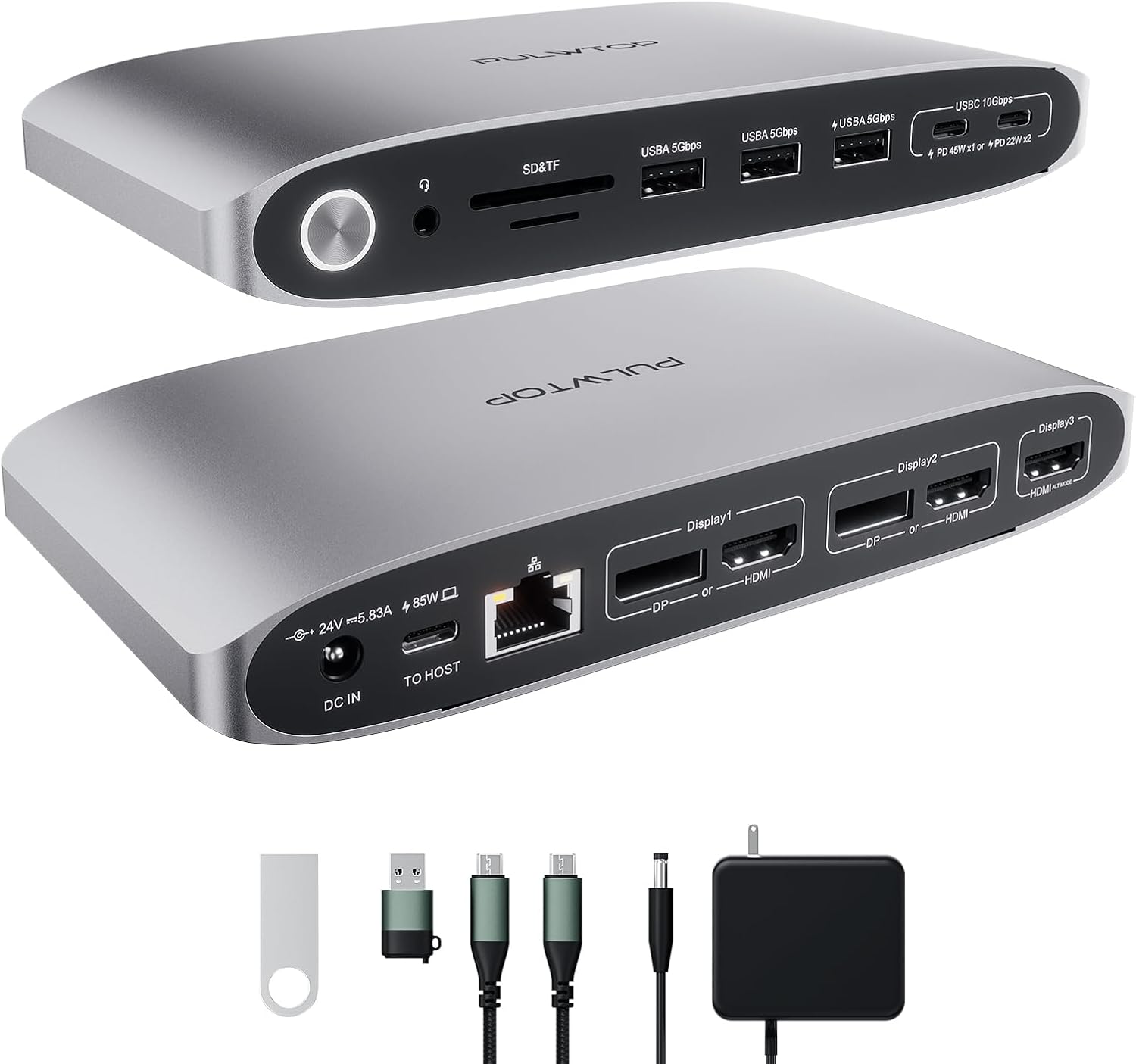 Docking Station DisplayLink Triple Monitor PULWTOP 16 en 1 4K 60Hz USB C