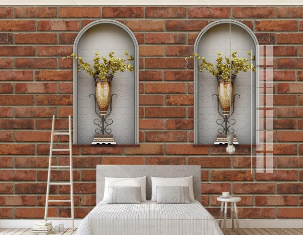 Papier peint intissé vase fleur sur mur de briques trompe l'œil géant 200x140 cm