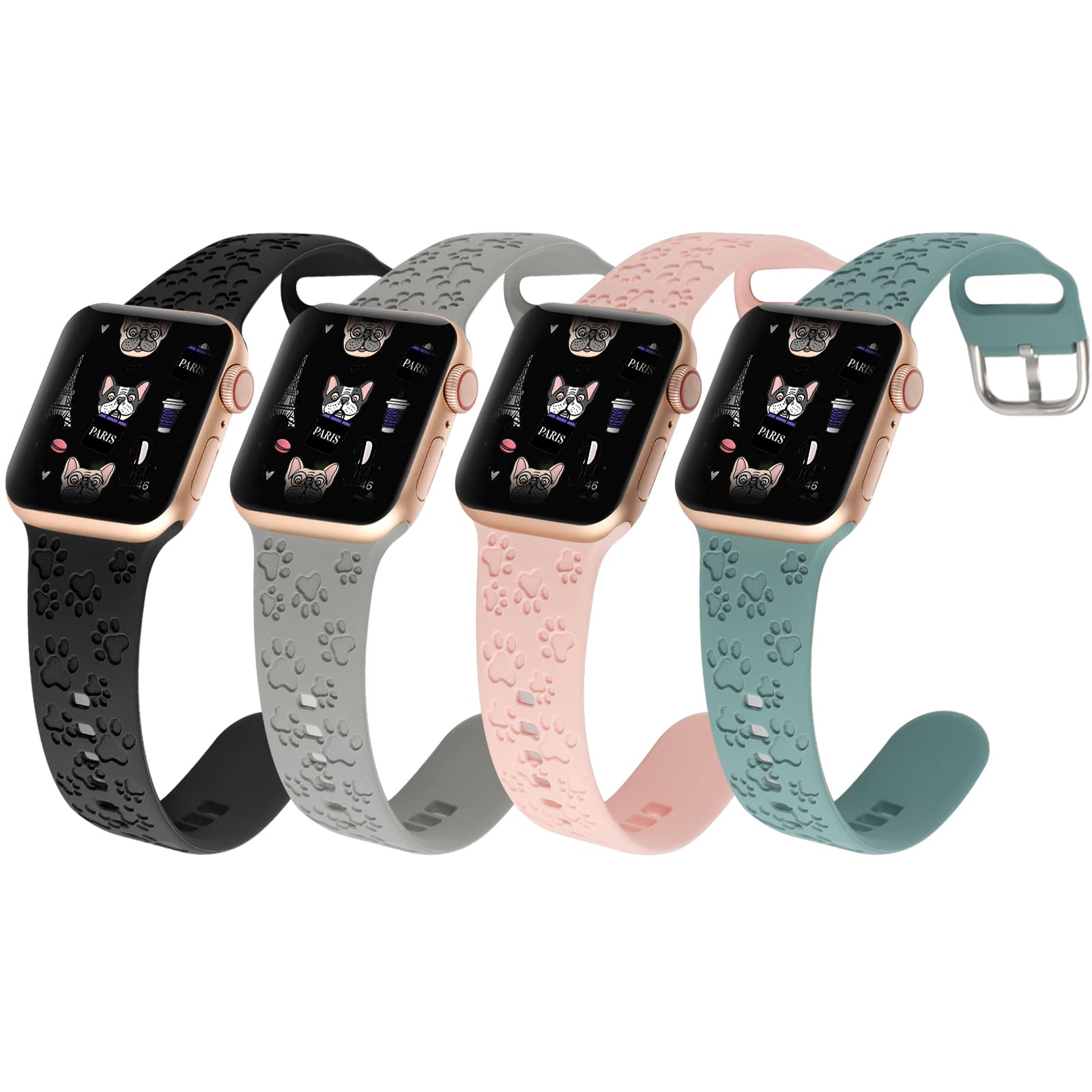 WONMILLE4 Pack Dog Paw Engraved Strap Compatible with Apple Watch Bands 38mm 40mm 41mm 42mm 44mm 45mm, Cute Animal Print Laser Soft Silicone Sport Accessories for iWatch Series 9 8 7 6 5 4 3 2 1 SE