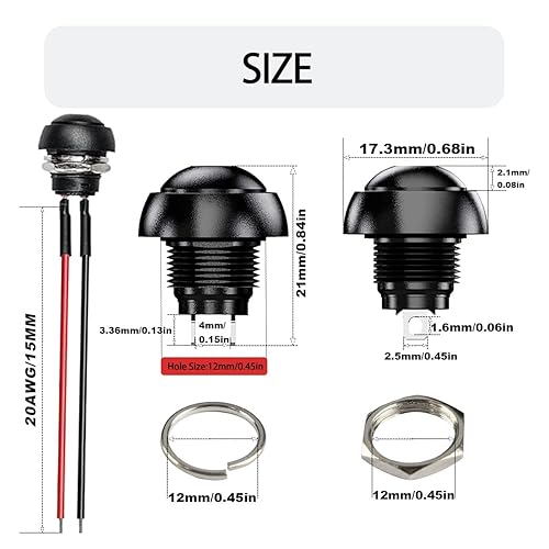 Vista 78 de 15 interruptores de botón redondos de 0.276 in rojo/verde, 1A, 250 V CA, 2 pines SPST ON OFF momentáneo, interruptor de botón con cables de terminal