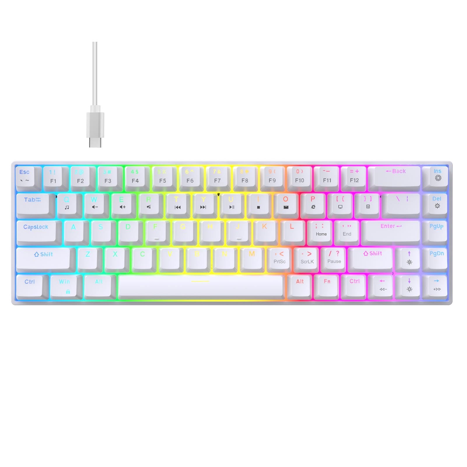 Kompaktowa, 68-klawiszowa, przewodowa mechaniczna klawiatura do gier z podświetleniem RGB i przełącznikami z możliwością wymiany podczas pracy, 60% ultrakompaktowa konstrukcja do (Biały)