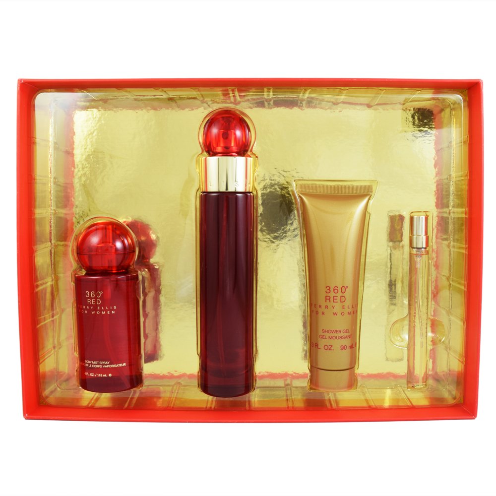 Perry Ellis 360 Red for Women 4 Piece Gift Set with Spray, Body Mist Spray & Shower Gel, 4 Count