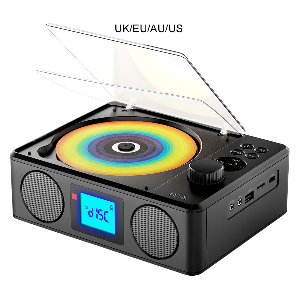 Lettore CD retrò con connettività Bluetooth. Goditi la musica ovunque. Lettore CD in ABS con altoparlanti integrati. Capacità della batteria di
