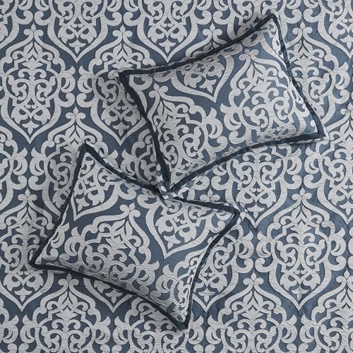 Image of Madison Park Odette Cozy Comforter Set Jacquard Damask Medallion Design - Modern All Season, Down Alternative Bedding, Shams, Decorative Pillows, King(104 in x 92 in), Navy 8 Piece | All Season Down Alternative Bedding with Comforter, Shams, Bed Skirt, Decorative Pillows, Navy