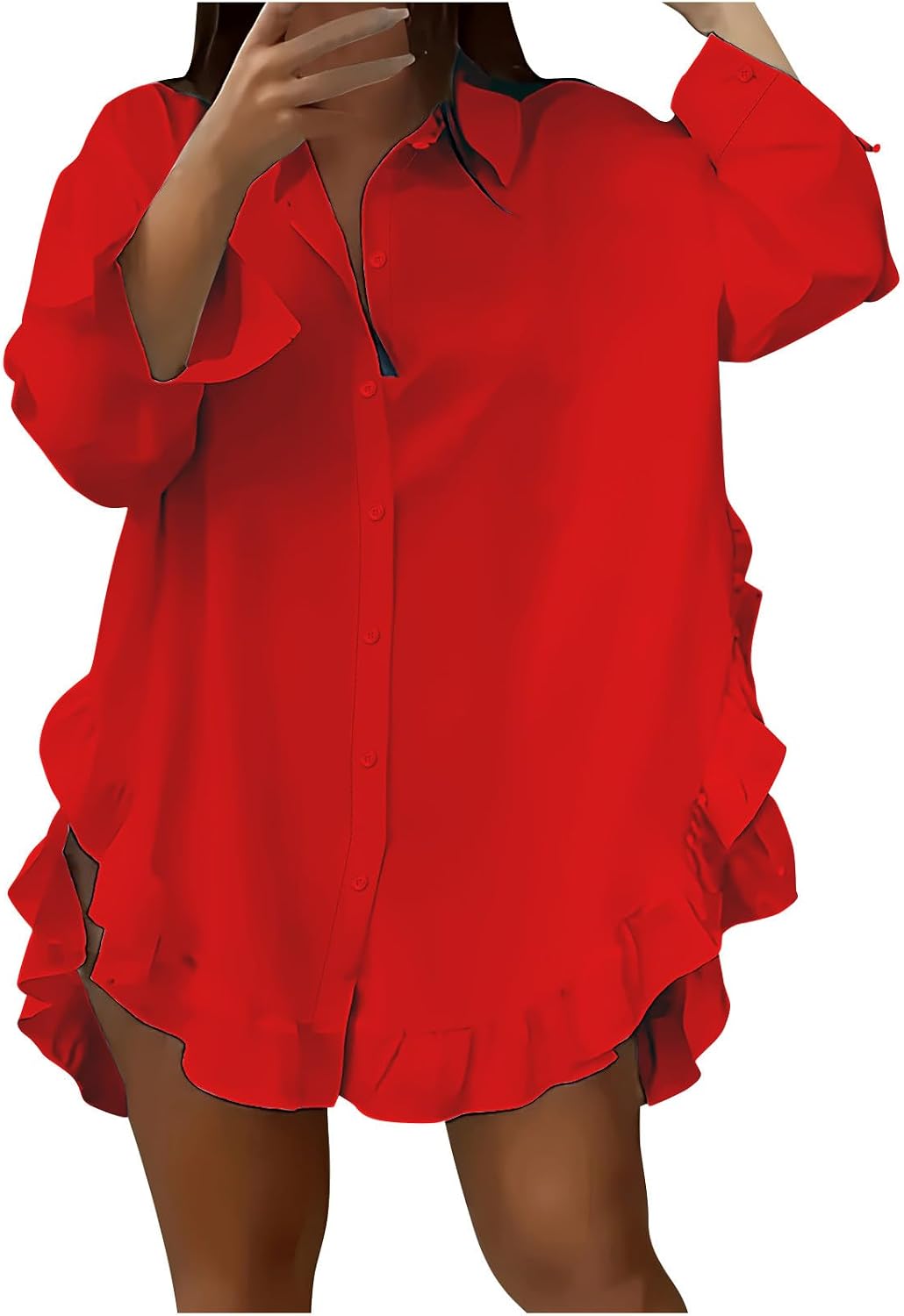 Womens Tops Dressy Casual Long Sleeve T Shirts V Neck Ruffle Hem Side Slit Button Down Blouse Summer Fashion Clothes