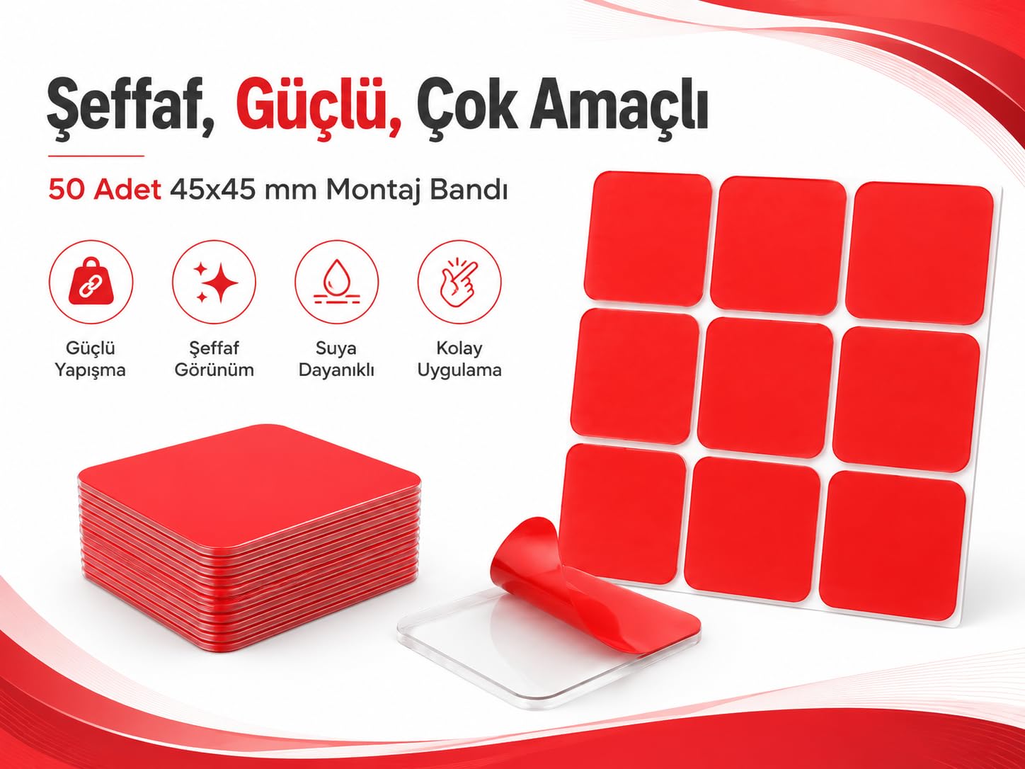 Alper Banyo 50 Adet 45x45 mm Şeffaf Yapışkan Kırmızı Koruyucu Filmli Çift Taraflı Güçlü Yapışkan Bant, İz Bırakmadan Çıkarılabilir Çok Amaçlı Montaj Pedi