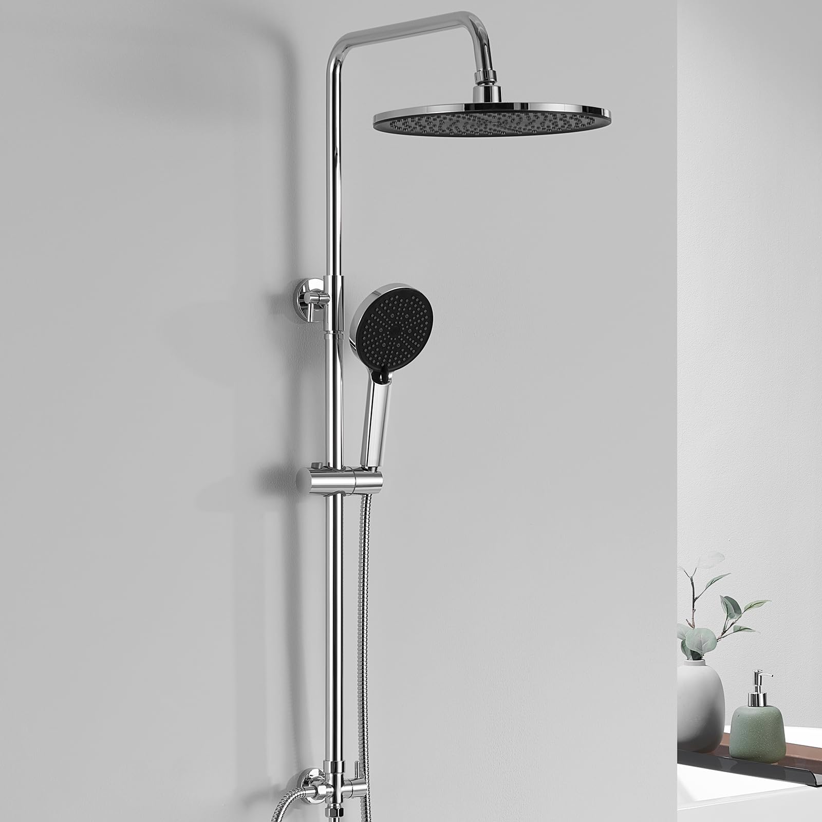 DERW Shower Riser Kit with 10" Round Rainfall Shower Head, 4 Spray Modes Handheld Shower with Rotating Bracket, Shower Set Without Mixer, Anti-Leak Hose,Easy Install, Suitable for Bathrooms(Chrome)