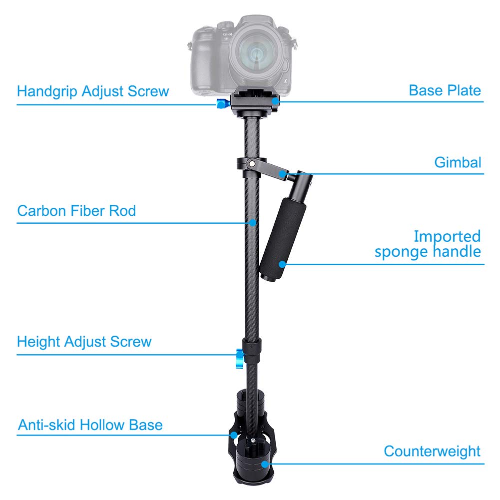EMUKOEP Stabilizzatore Portatile in Fibra di Carbonio S60T Regolabile da 15" a 23,6" Ideale per Fotocamere DSLR (Nera)