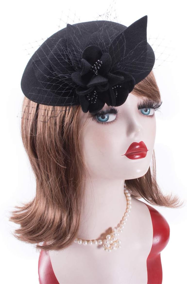 Lawliet Womens Socialite Flower Black Pearl Wool Felt Fascinator Pillbox Tilt Hat A044