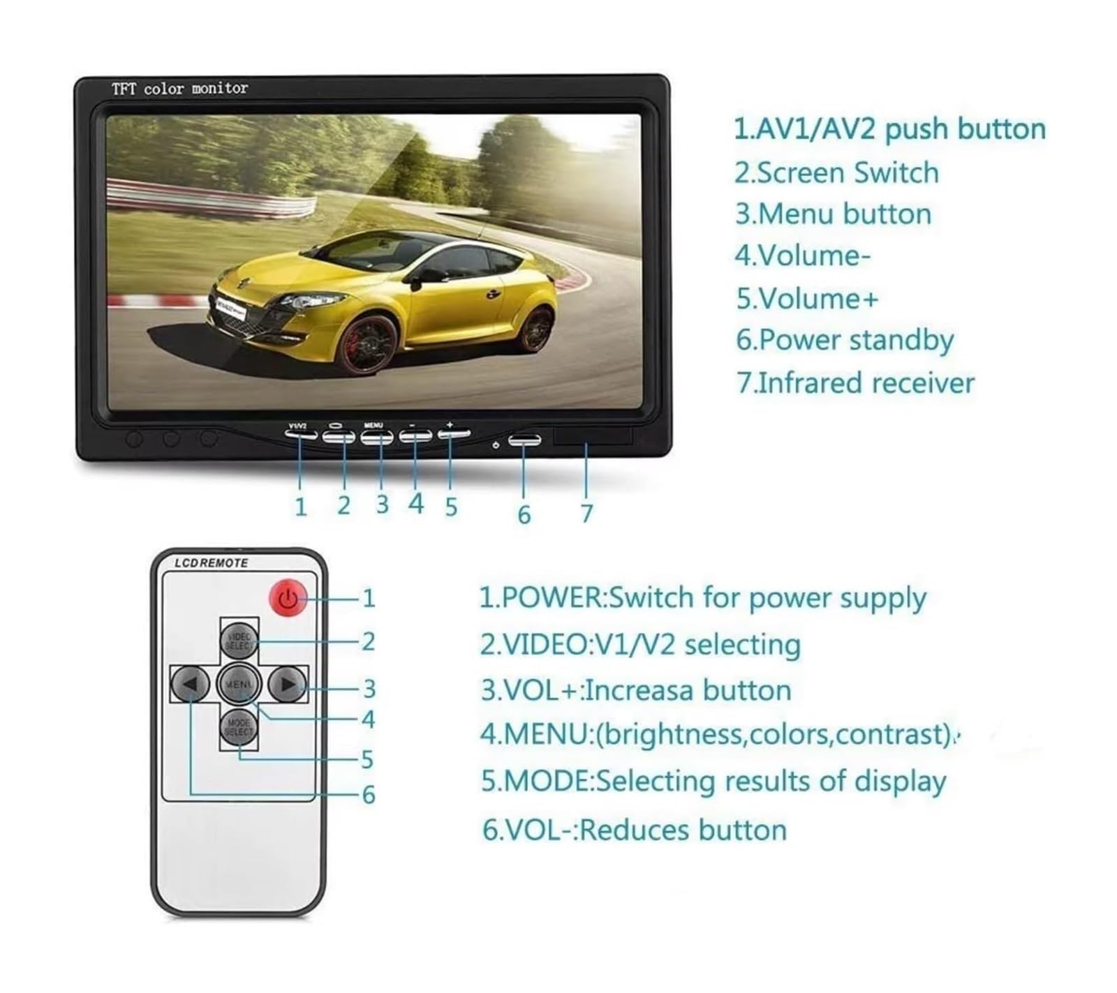 Kit Visión Trasera para Coche 2 Cámaras Marcha Atrás Monitor TFT 7 Pulgadas para Autocaravana Autobús Camión 12V 24V Cámara de Respaldo