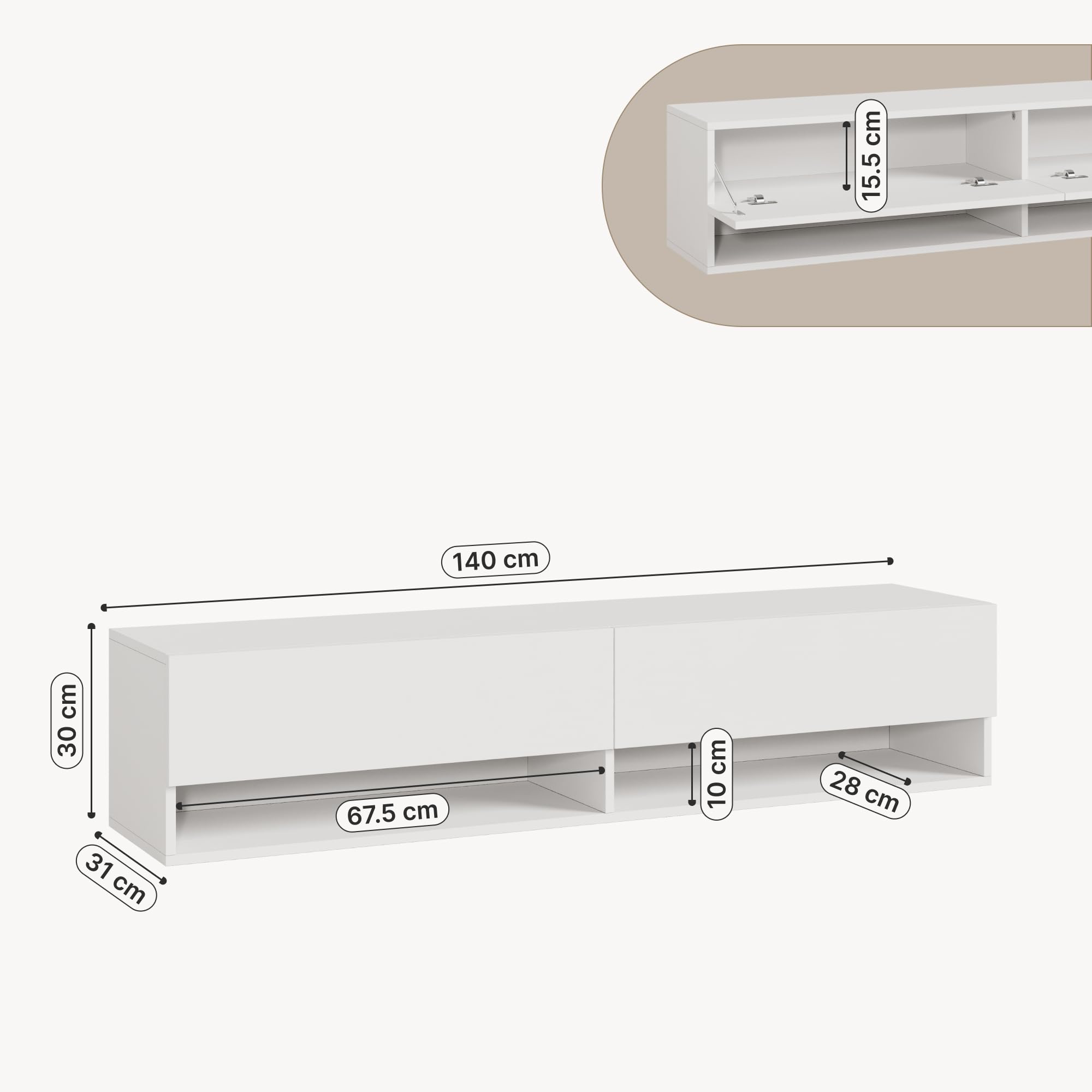 [en.casa] Mobile Porta TV da Parete a 2 Ante Bianco 140x31x30 cm | 2 Ante a Ribalta, Scomparti Chiusi Aperti, Mobile Contenitore Sospeso, Stand Multimediale Soggiorno Living