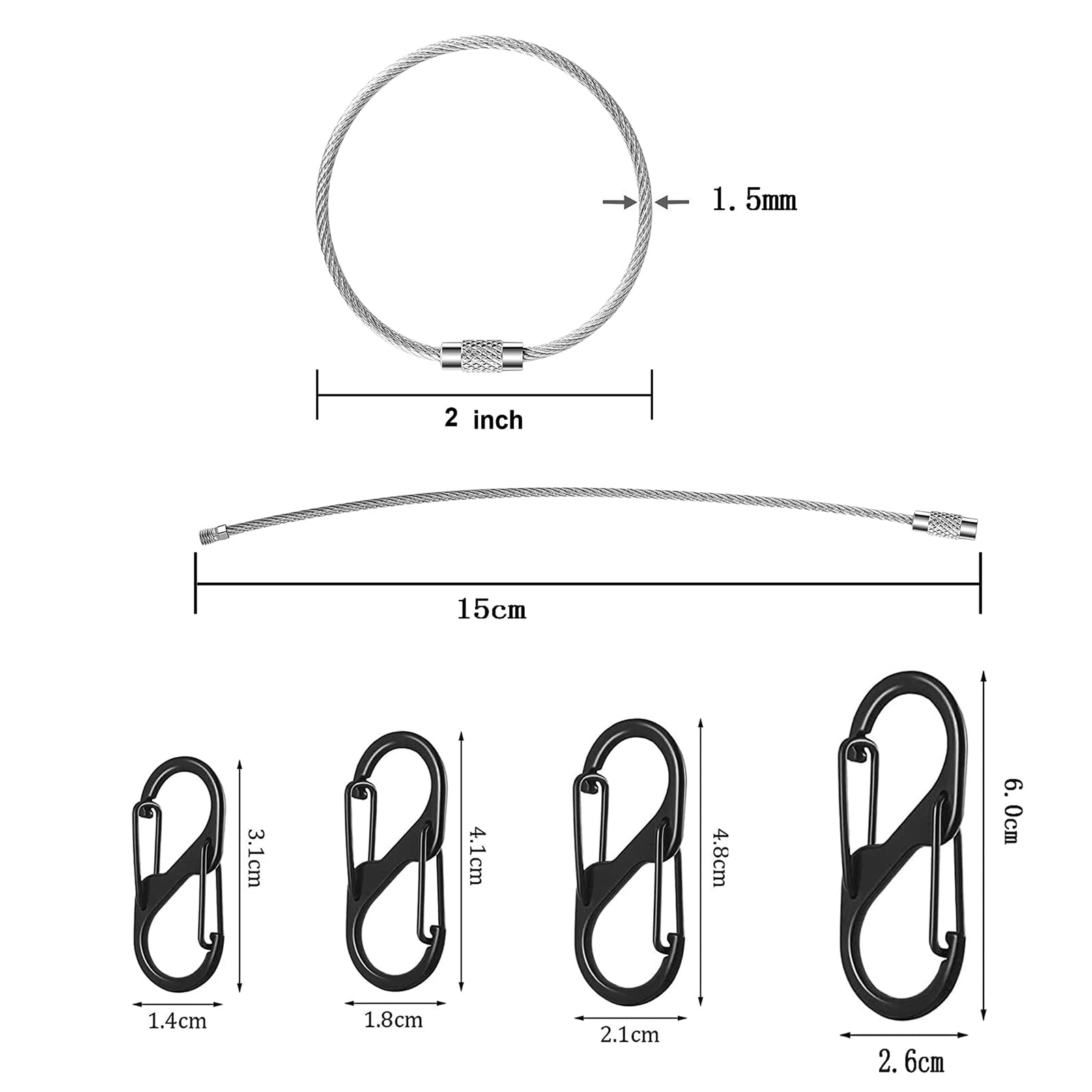 Set di 30 portachiavi a forma di S, a forma di S, con doppio moschettone, 32 mm/40 mm/50 mm/60 mm, moschettone piccolo in acciaio inox con corda in acciaio spesso 1.5 mm