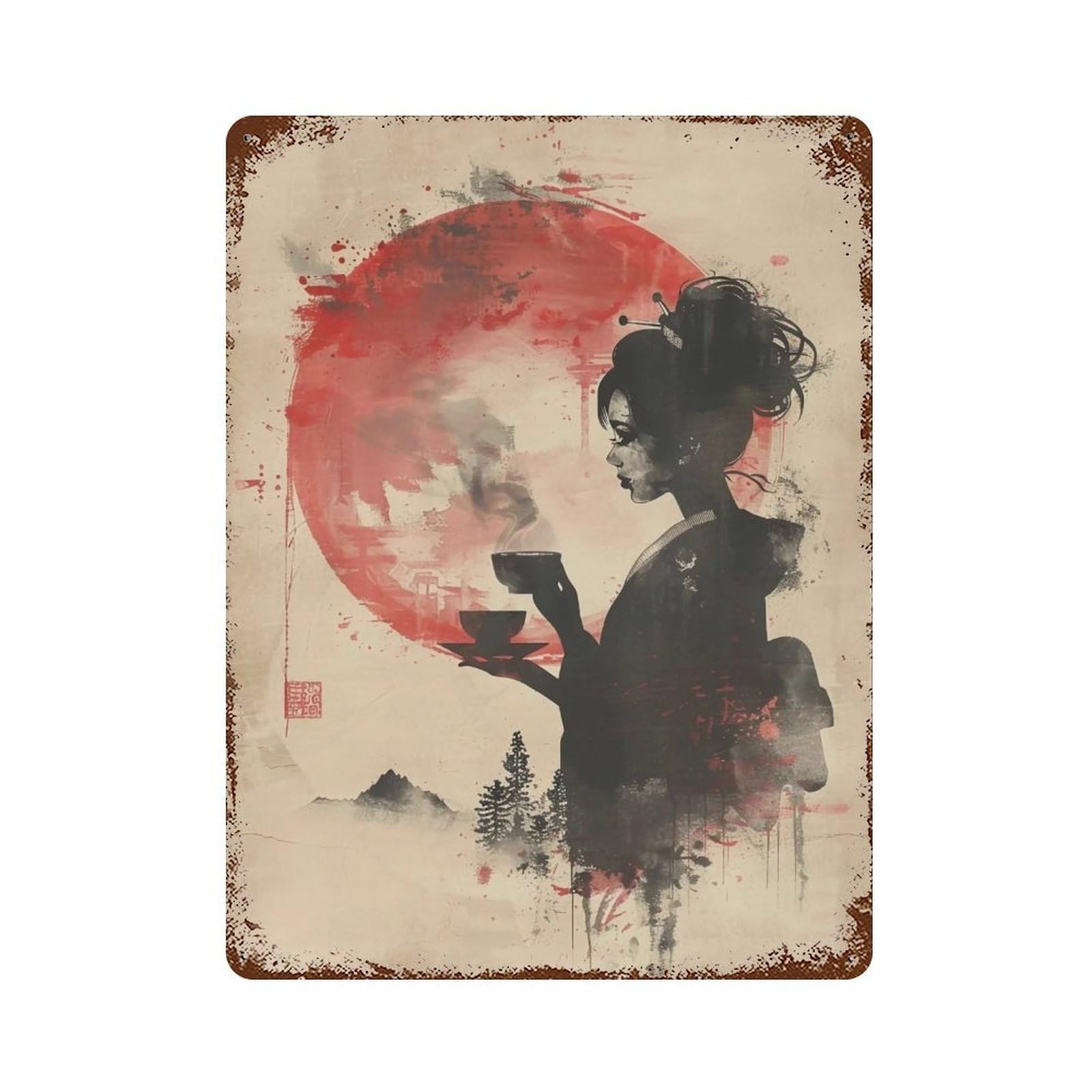 YHGERTKU Japanese Woodblock Print Zen Woman Steaming Tea 04 Wall Art Retro Iron Vintage Metal Tin Sign Poster Modern Decor for Living Rooms Gift 40x30cm