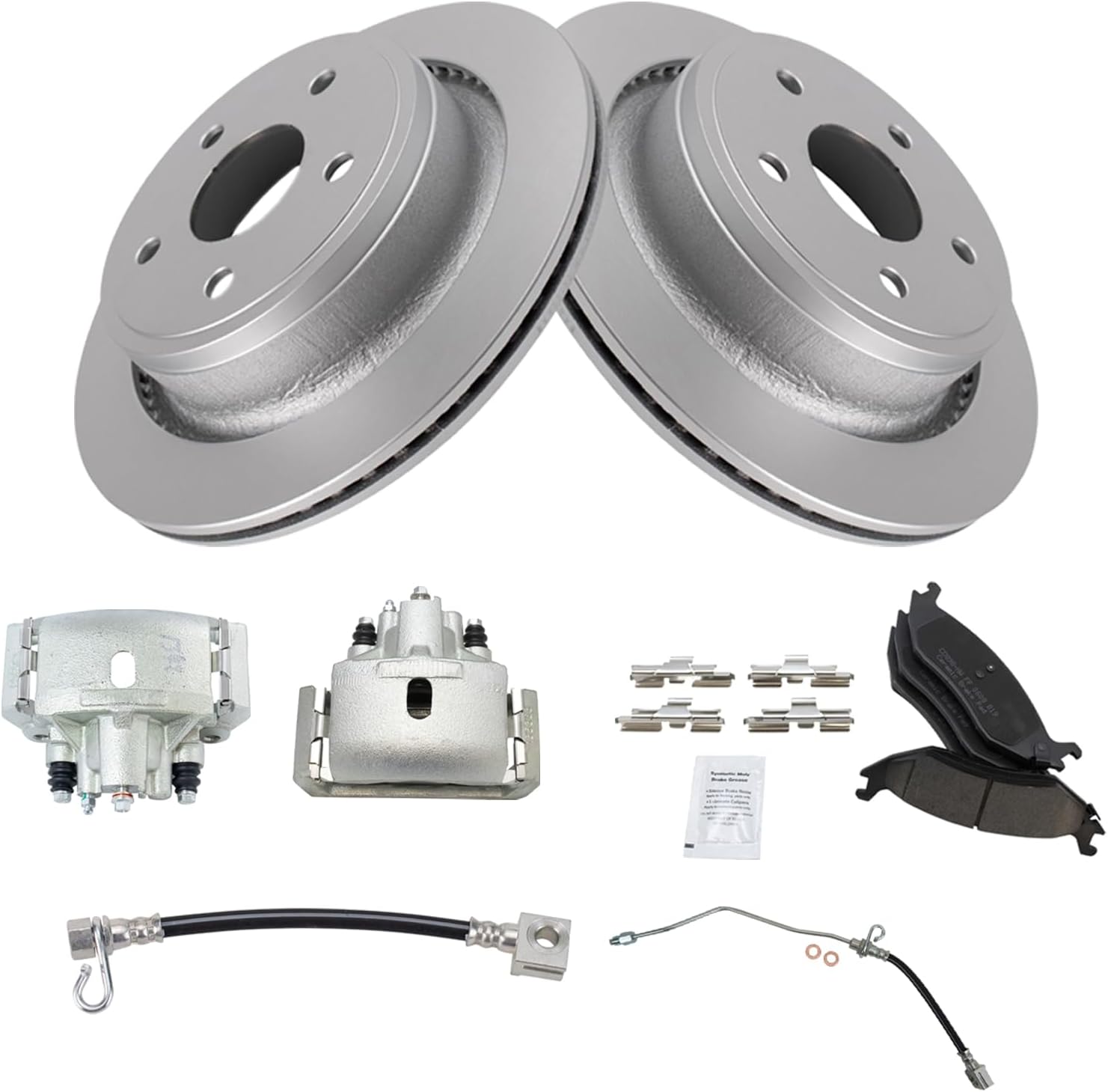 TRQ Rear Brake Pad & Rotor Kit Brake Caliper Brake Hose Brake Pads Brake Rotor Ceramic Premium G-Coated Compatible with 2002-2004 Dodge Ram 1500