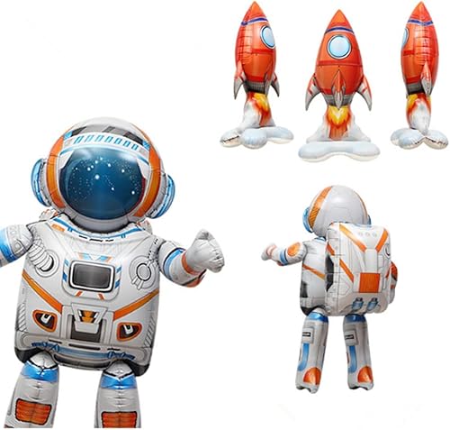 Miniatura 4 de Globos espaciales, cohete, nave espacial, decoraciones de fiesta, globos inflables de cohete astronauta de nave espacial (mediano)