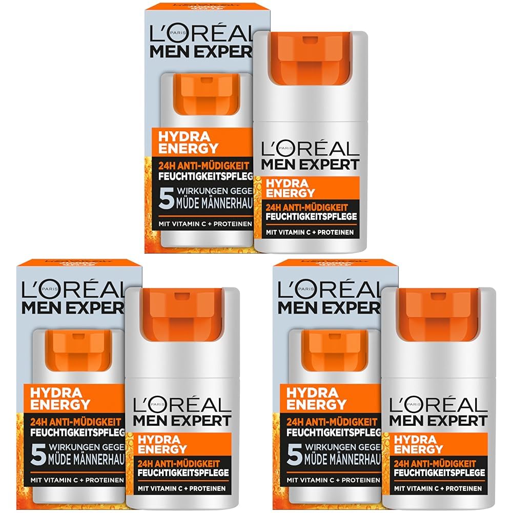 L'Oréal Men Expert Gesichtspflege gegen müde Haut für Männer, Belebende Feuchtigkeitscreme 24H Anti-Müdigkeit, Gesichtscreme für Herren mit Vitamin C und Proteinen, Hydra Energy, 1 x 50 ml Gesichtscreme Neu_Gesichtspflege (Packung mit 3)