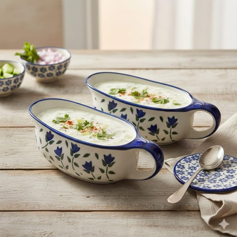 Hand Painted Ceramic Gravy Boat (600ml) | Sauce Server with Handle | Floral Printed Serving Bowls for Curry, Dal, Raita & Sauces | Microwave & Dishwasher Safe | 22cm (Dark Blue)