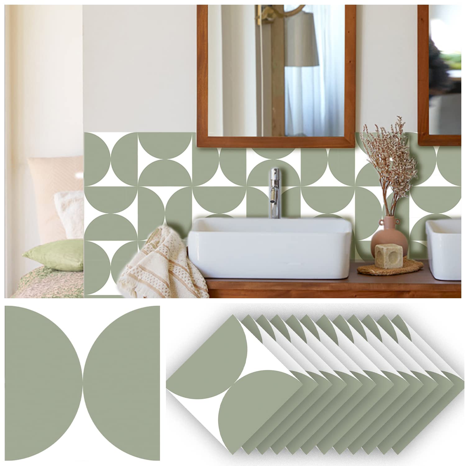 Piastrelle Adesive Cucina Mezzo Cerchio Verde Pannelli Decorativi Per Pareti,Piastrelle Adesive Cucina E Bagno,Impermeabile A Prova Di Olio PVC Paraschizzi Cucina Adesivo 36 PC(20x20cm)