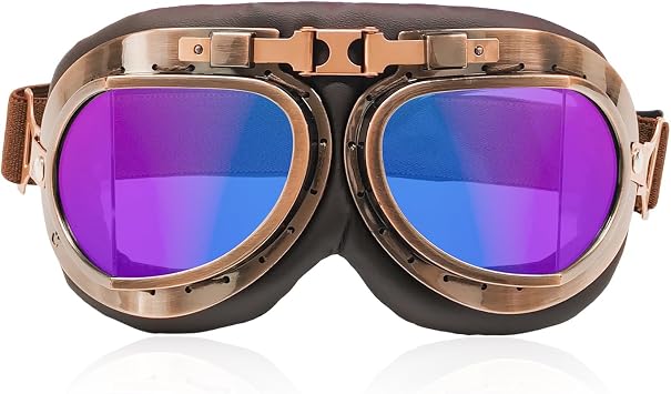 Motorcycle Goggles, Riding Glasses, Curved Copper, Colorful | Vintage Pilot Style, Anti-Fog & Anti-Scratch PC Lens, Windproof Eyewear, Fits ATV Off Road Motorbike Scooter Motocross