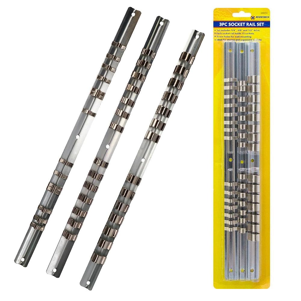 3Pc Socket Rail Set - Tools Wall Mounting, Storing Organiser | Holds 15 Sockets, Pack of 3, Storage Rack Rail | Tray, Provide A Quick and Easy Way to Organize Your Sockets