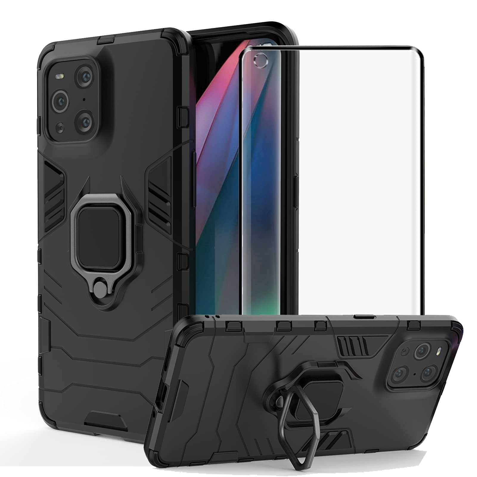 BestShare For OPPO Find X3 Pro 5G Case with Tempered Glass Screen Protector Curved Edge Guard Film, Heavy Duty Armor Defender Anti-Scratch Kickstand Shockproof Cover & Ring Grip, Black