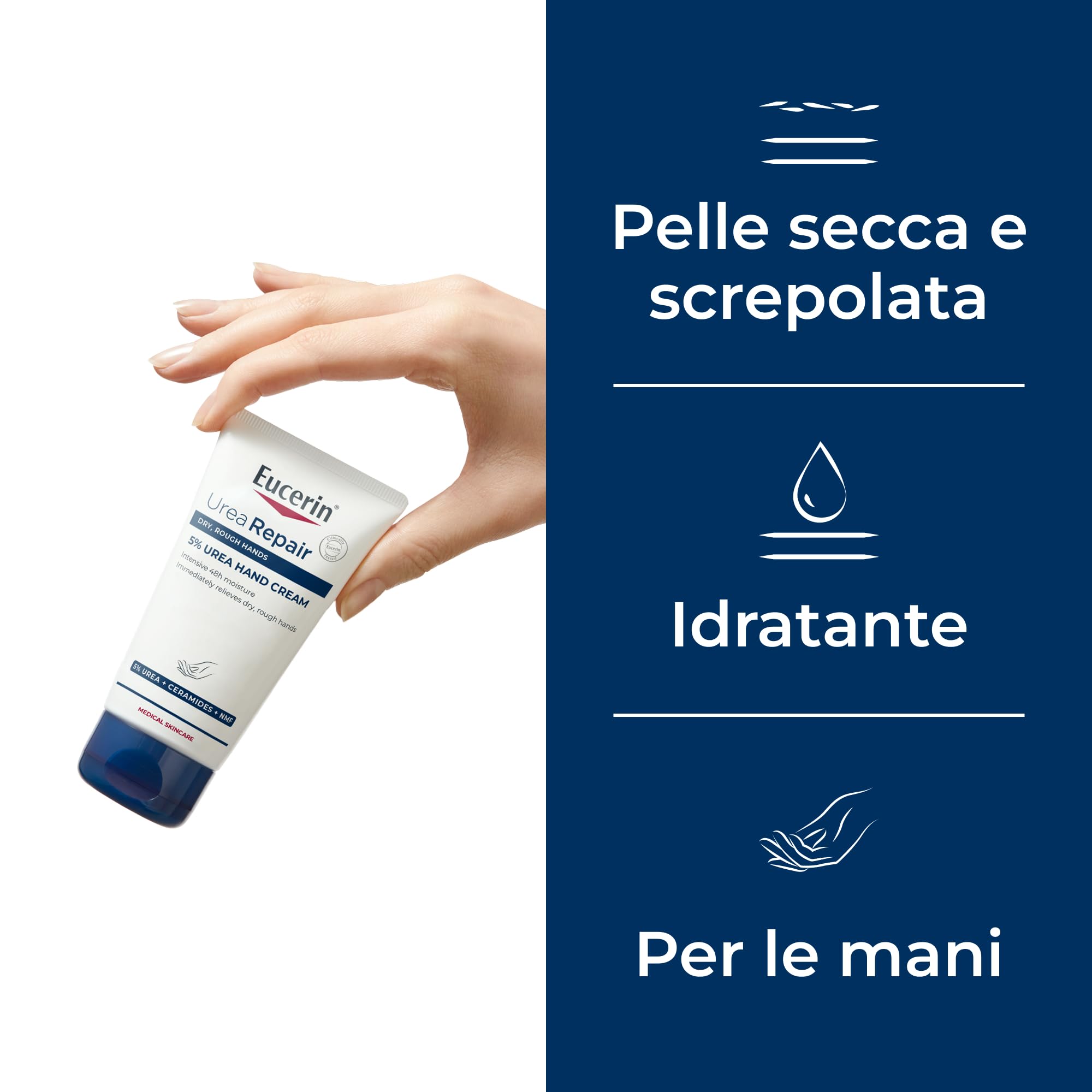 Eucerin Urea Repair Crema Mani Rigenerante 5% 75 ml, Crema mani riparatrice e idratante 48h, Formula con Urea al 5% e Ceramidi per un sollievo immediato della pelle secca e screpolata