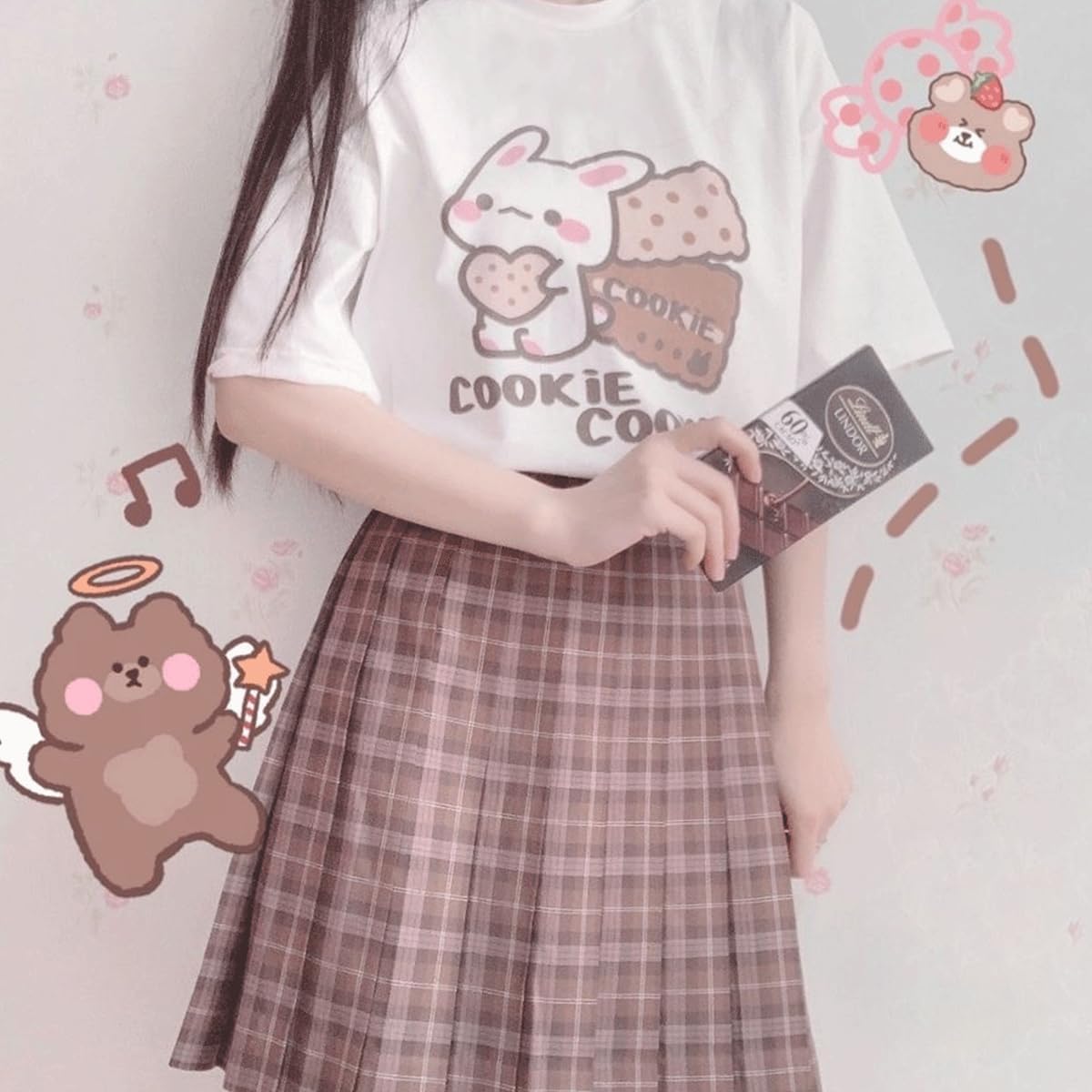 Harajuku Kawaii Fashion Pastel Gothic Casual Style Crewneck Soft Cartoon Cute Bunny Cookies Print T-Shirt - Image 3