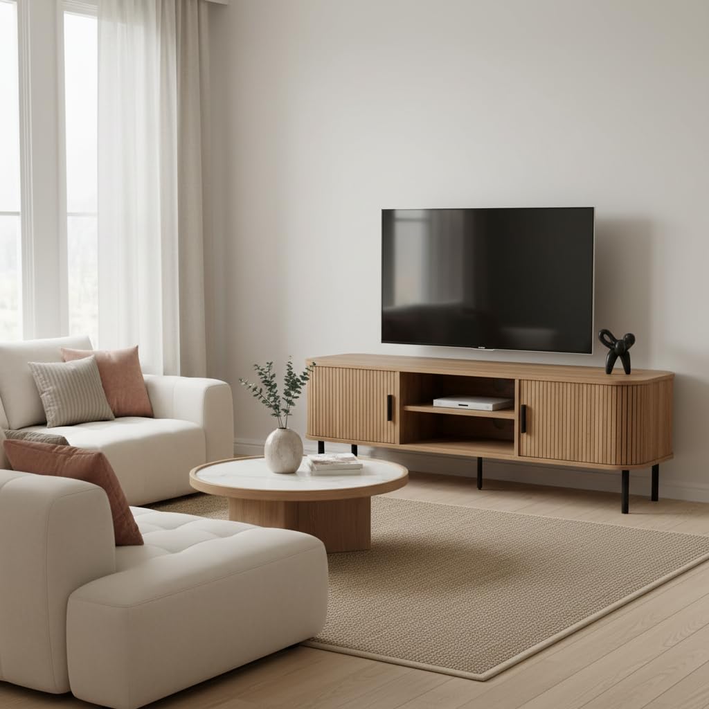 Meuble TV Bois Clair avec Portes Coulissantes – Design Industriel et Élégant – pour Télévision Jusqu’à 140 cm – Rangement Salon Fonctionnel – Meuble Télé Moderne Chêne Clair - H55 x L140 x P40cm