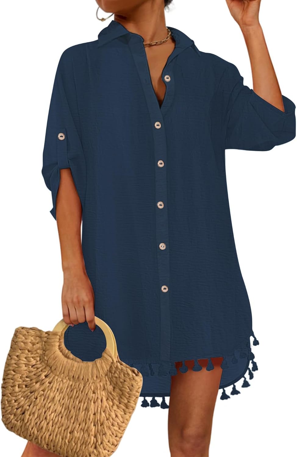 Eddoyee Womens Beach Swimsuit Cover Ups Button Down Bathing Suit Shirt Pleated Bikini Swimwear Top