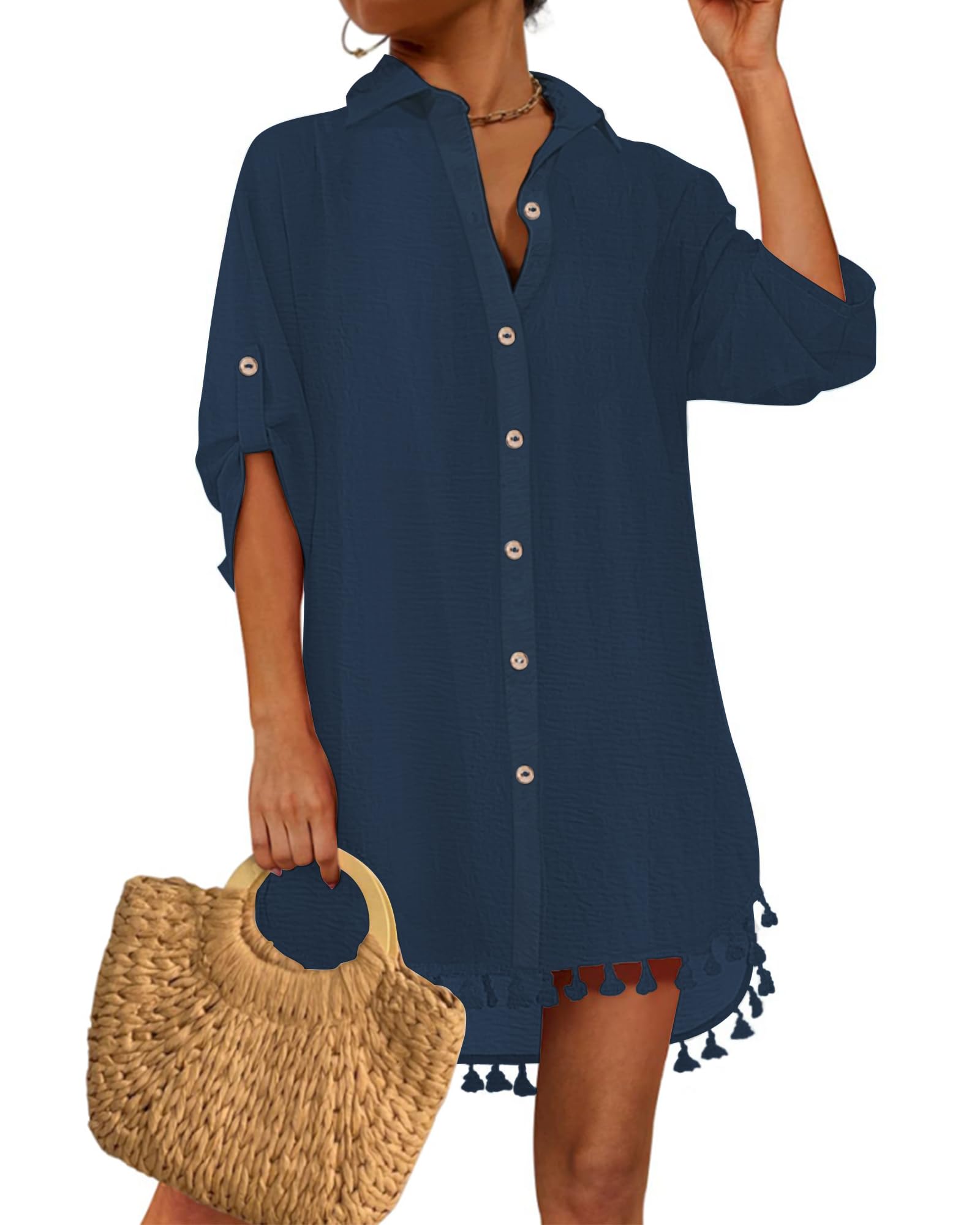 Eddoyee Womens Beach Swimsuit Cover Ups Button Down Bathing Suit Shirt Pleated Bikini Swimwear Top