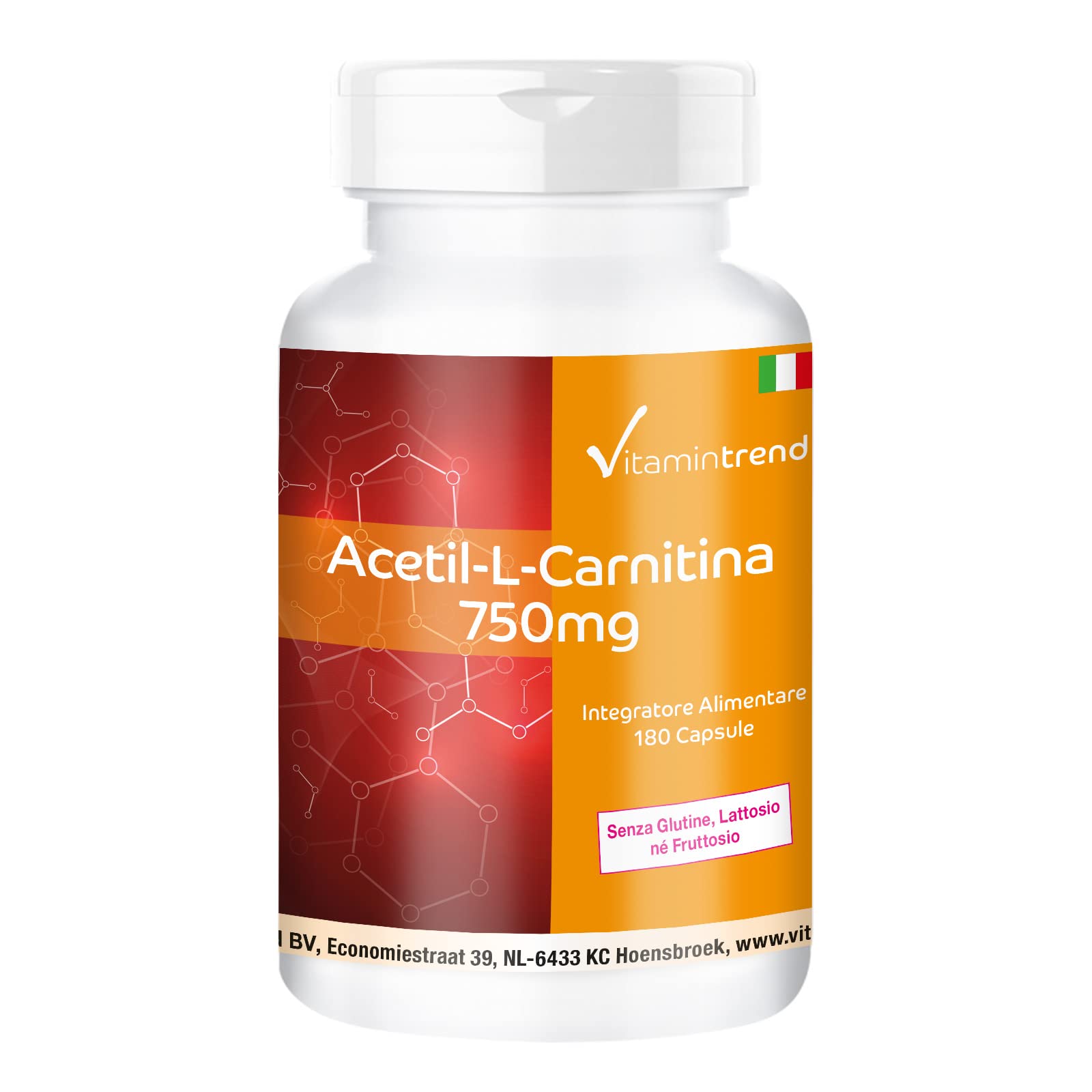 Vitamintrend Acetil-L-Carnitina 750 mg, 180 capsule, ad alto dosaggio, integratore alimentare vegano senza stearato di magnesio, prodotto in Germania