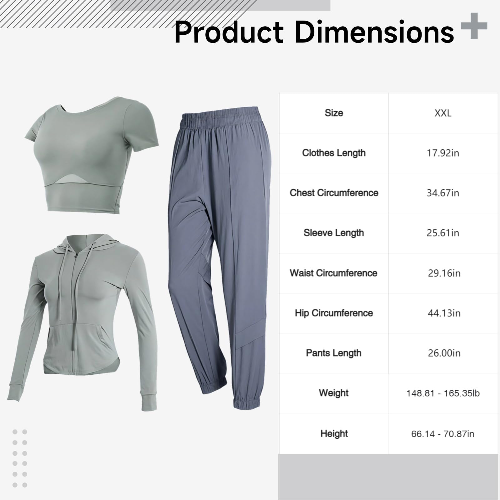 Damski 3-częściowy strój treningowy, kurtka z kapturem, top z krótkim rękawem, spodnie z elastyczną talią, gładki nylon-spandex, XL, pasuje do wzrostu 150-70 cm, waga 80-135 kg, Szary, XXL