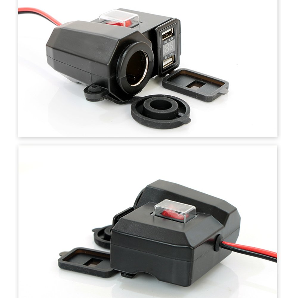 Caricabatterie USB per moto 5V / 2.1A Impermeabile Dual Output USB Jack 12V Caricabatterie presa per moto CC 12V + Accendisigari moto Interruttore integrato + Cavo 140cm per navigatore Smartphone Nero