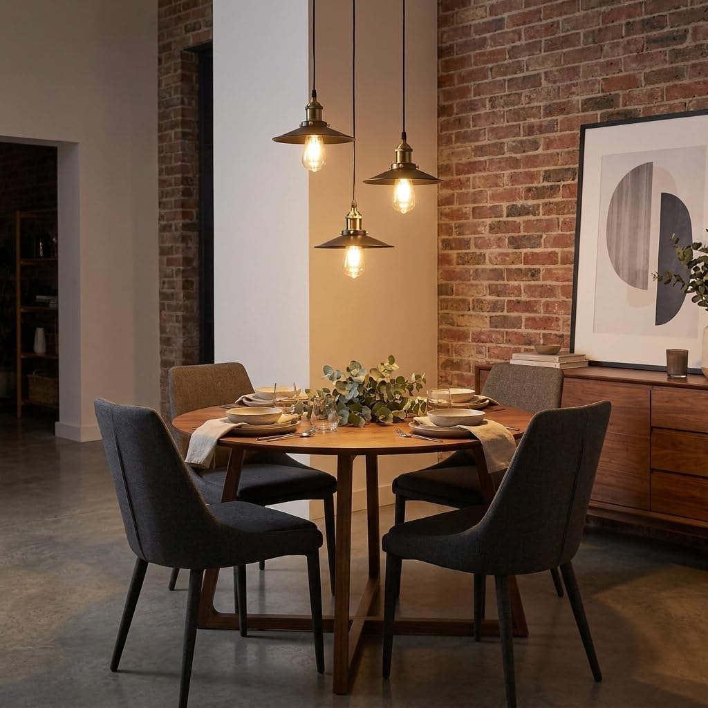 BARCELONA LED CLOCK WORK Potrójna Lampa Wisząca Industrialna Vintage, 3 x Oprawka E27, Czarny Matowy Metal i Złote Oprawki, Regulowana Wysokość, Lampa Sufitowa do Jadalni, Kuchni, Salonu i Baru