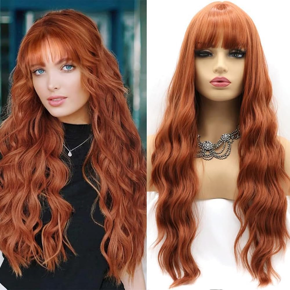 Xiweiya Wigs Long Curly Copper Red Lace Wig with Air Bangs Auburn Hair Length 4x1 Lace Synthetic Curly Wig Heat Resistant Fiber Wigs Middle Parting for Women, Drag Queen Cosplay Makeup