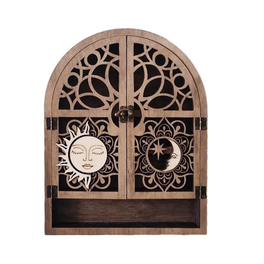 CTRLZS Display Stand Sun Moon Crystal Display Stand Decor 4 Shelves Natural Wooden Shelf Gothic Witchy Crystal Display Case for Living Room