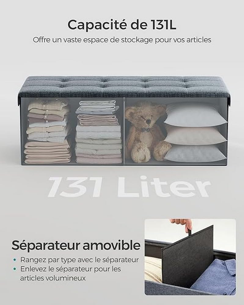 SONGMICS Pouf, Coffre de Rangement, Tabouret avec Repose-Pieds, Pliable