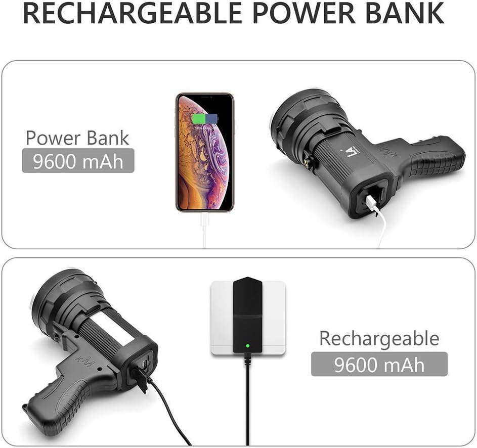 LASCOTON Rechargeable Spotlight, 6000 Lumens Brightest LED Spotlight Flashlight, 10000mAh Long Lasting Handheld Spot light IPX4 Waterproof Torch Light, Portable Searchlight with USB Output Function - - 