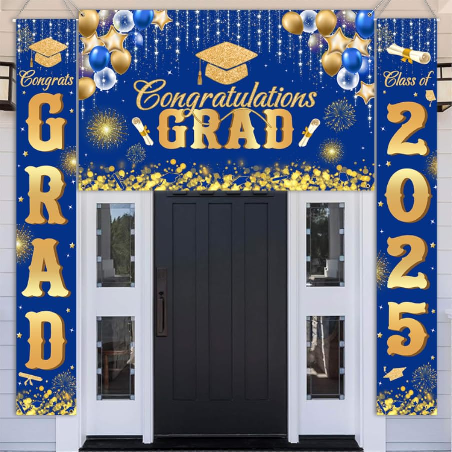 Image of AIBIIN Blue and Gold Graduation Decorations, Class of 2025 Graduation Backdrop Banner Proch Sign 2025 Congratulations Grad Party Supplies Decorations