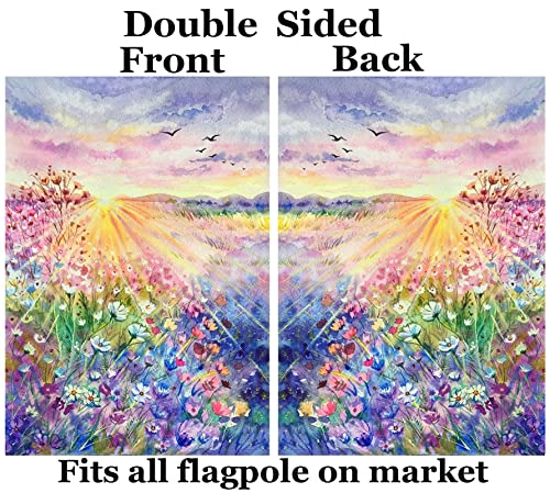 Shinesnow Watercolor Flowers Sunrise Blossoming Meadow Spring Field Landscape House Flag 28" X 40" Double Sided Polyester Welcome Large Yard Garden Flag Banners For Patio Lawn Home Outdoor Decor #TOP1