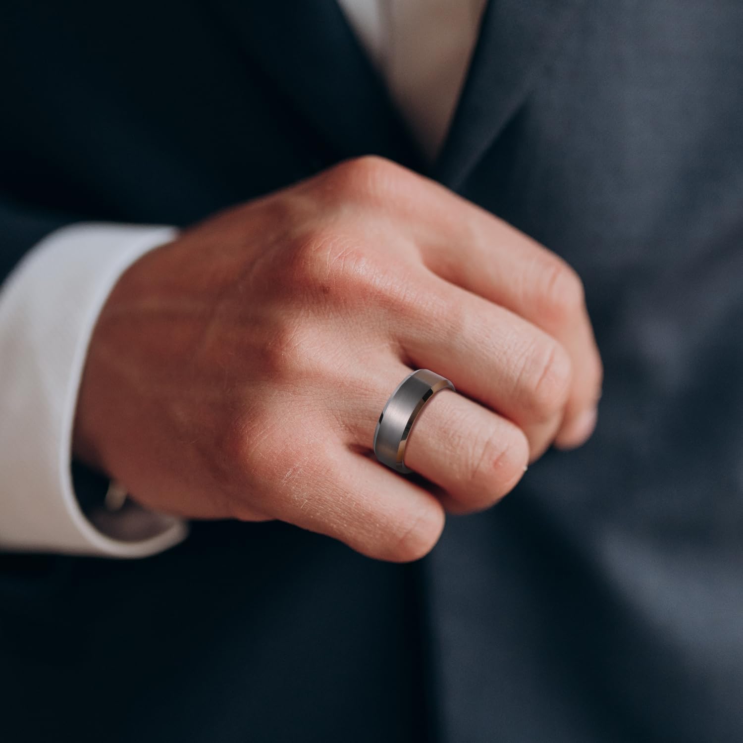 King Will Tungsten Men's Wedding Ring - Available in 6mm to 10mm, Black/Silver, Matte Finish, Beveled Polished Edge, Comfort Fit - Image 5