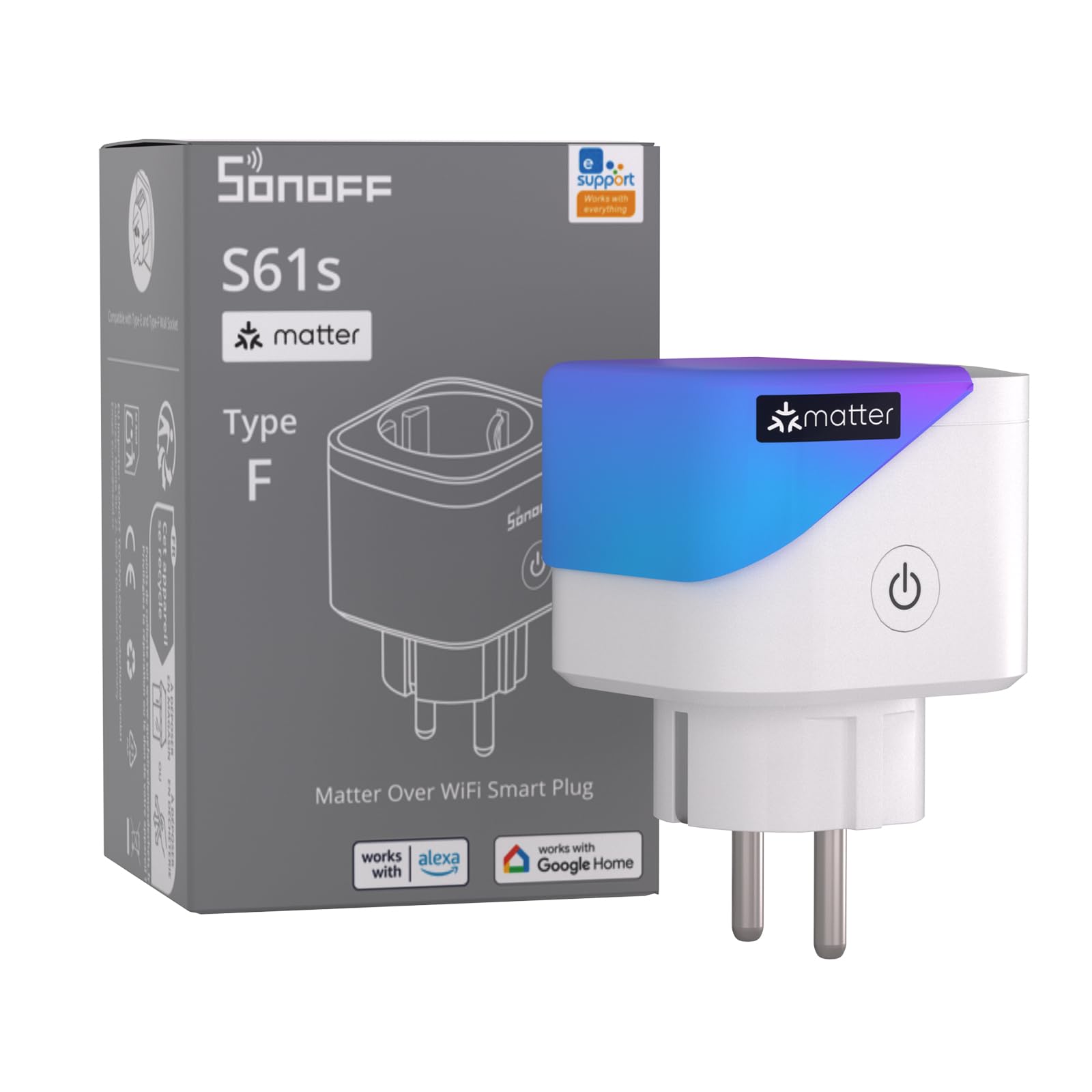 SONOFF S61s Prise Connectée WiFi 16A/​3840W – Contrôle à Distance & Vocal, Mesure de Consommation Électrique, Minuterie Intelligente, Compatible Matter avec Alexa, Google & Apple Home