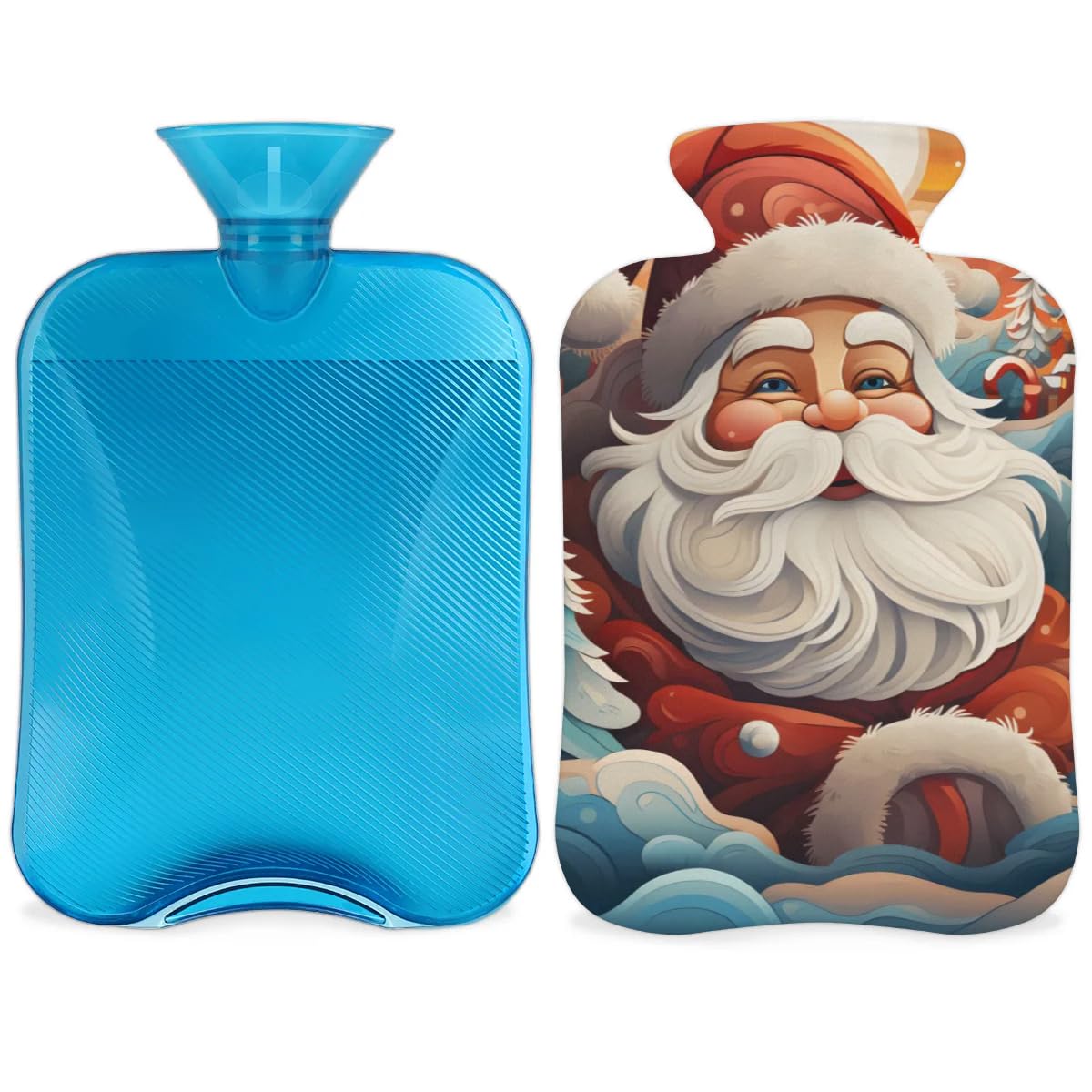 Hot Water Bottle with Soft Cover,2L Colorful Santa Claus Hot Water Bag for Hot and Cold Compress, Hand Feet Warmer, Watercolor Santa Claus Rubber Hot Cold Water Bottle Halloween Christmas Decorations