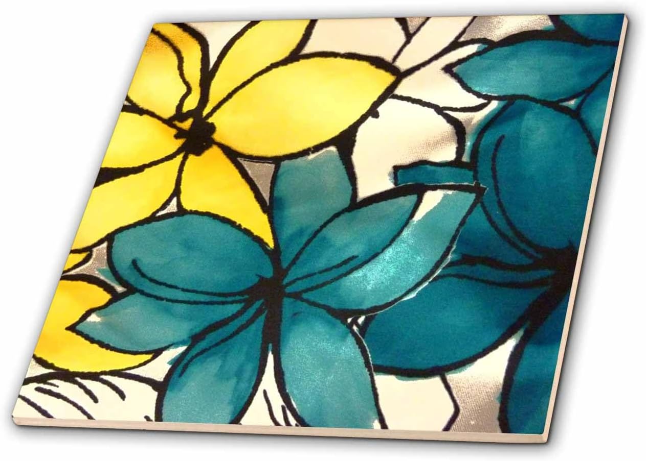 3dRose Teal and Yellow Floral 12 Inch Ceramic Tile